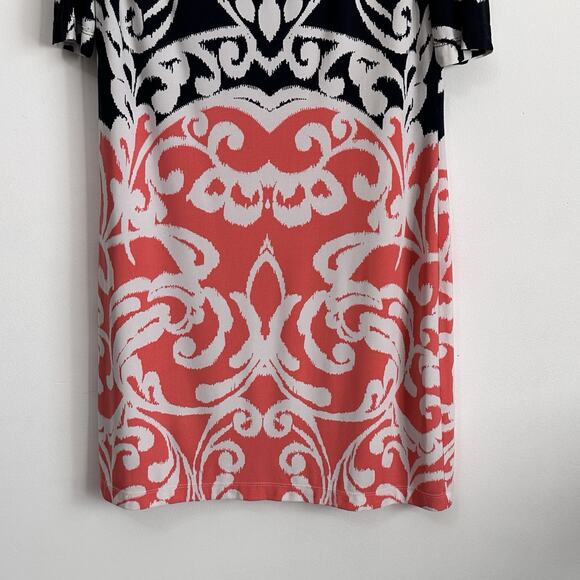 Eliza J Sheath Dress 8 Black White Orange Short Sleeve Stretch Lined Party Work - Picture 2 of 12